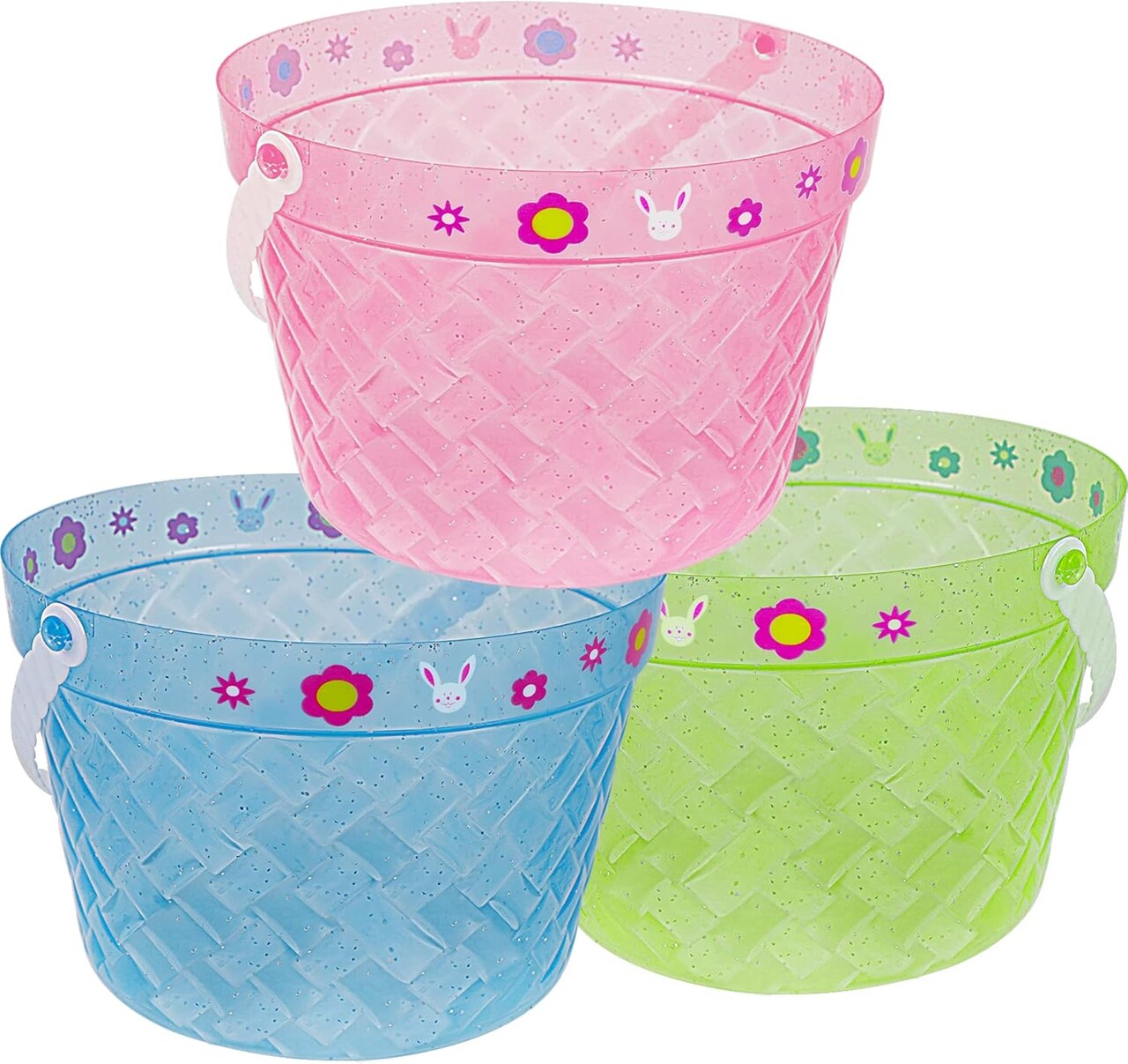 Easter Buckets, 3 Packs Clear Plastic Kids Easter Baskets with Handles, Empty Plastic Easter Pails for Easter Egg Hunt Party Favors, Green, Blue, Pink